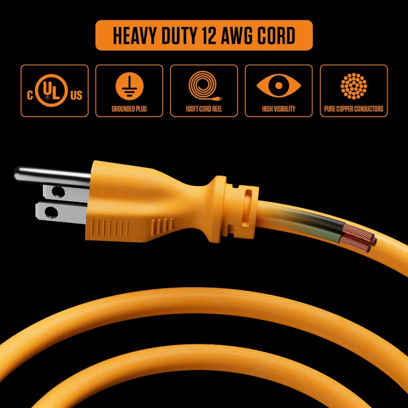 Masterplug 100ft Cord Reel, Metal Cable Drum, Retractable Extension Lead with Winding Handle, Safety Overload Circuit Breaker and Power Switch, 4x Grounded Outlets, 15amps, 12AWG Cable - Image 4